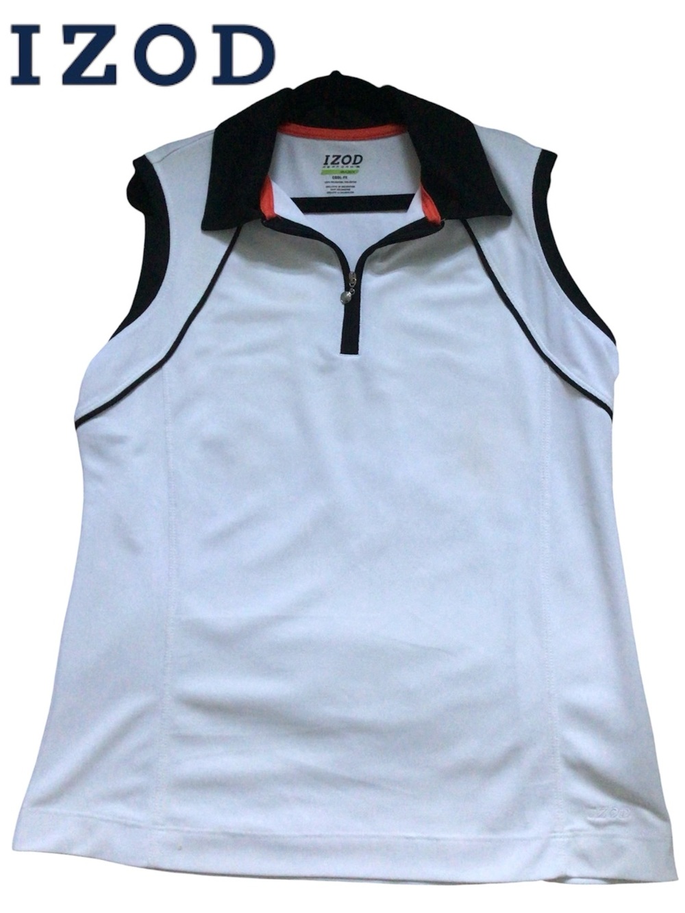 💜IZOD White Golf Sleeveless Polo with Black Collar and Orange Trim